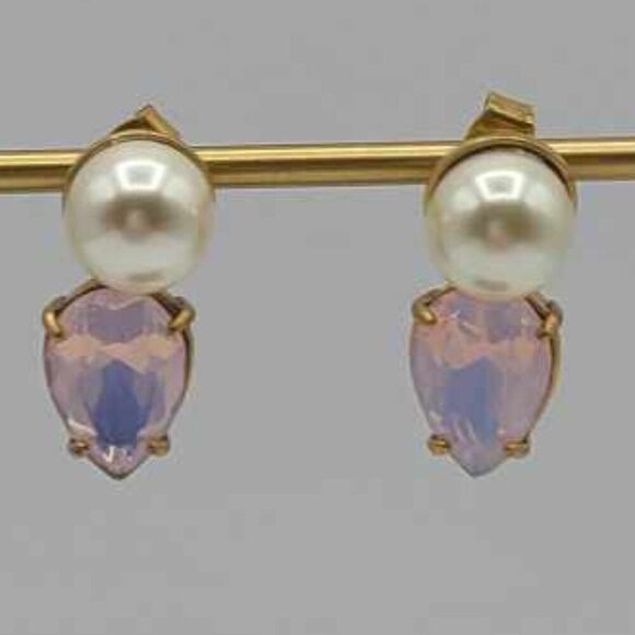 J Crew Faux Pearl Pink Stone Stud Earrings - Picture 6 of 8